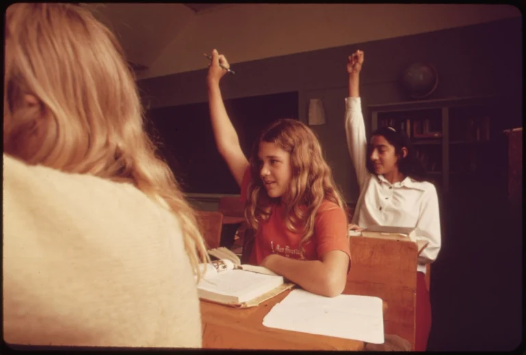 High school students raising their hands during a class discussion